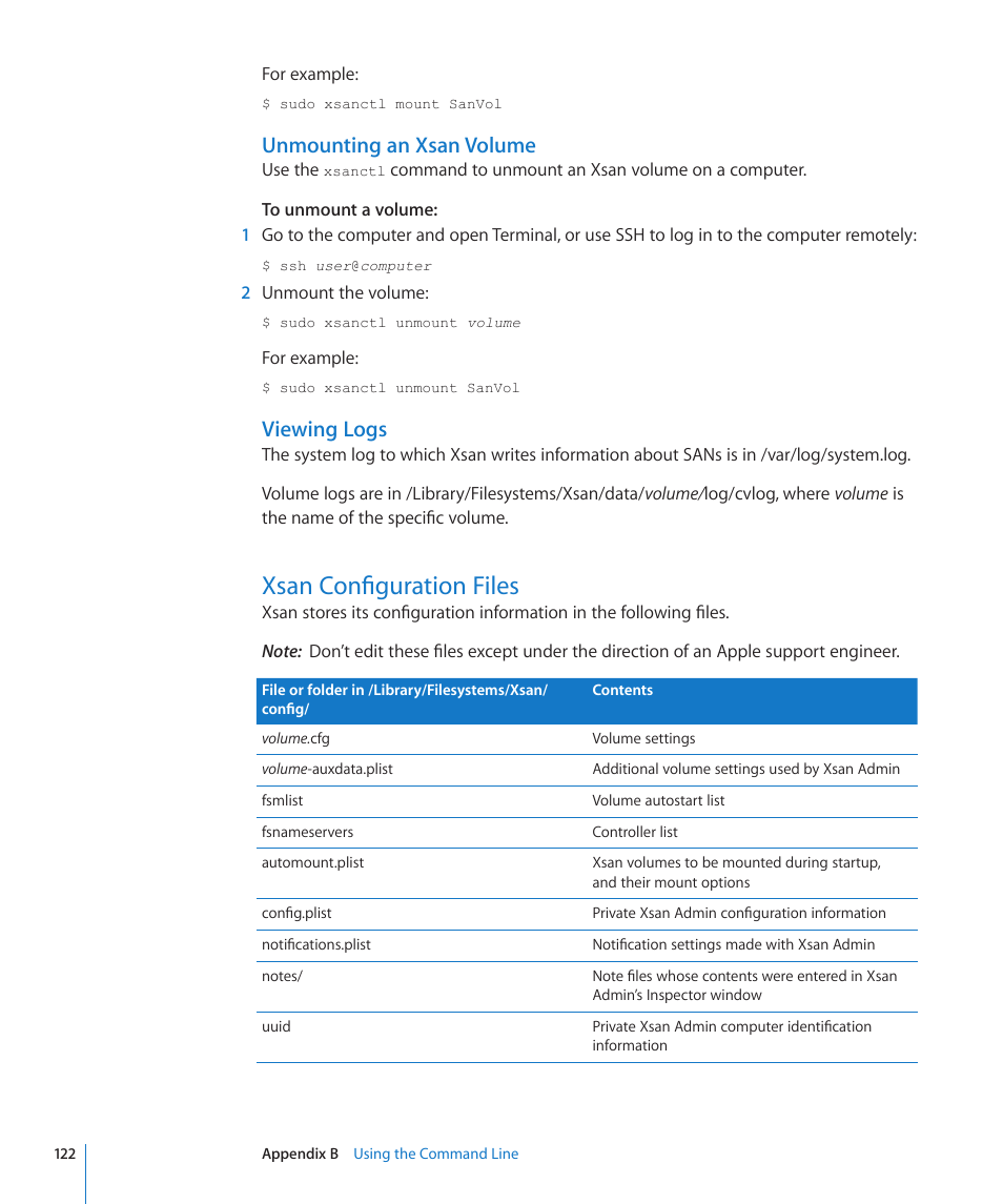 Unmounting an xsan volume, Viewing logs, Xsan configuration files | 122 xsan configuration files | Apple Xsan 2 (Third Edition) User Manual | Page 122 / 129
