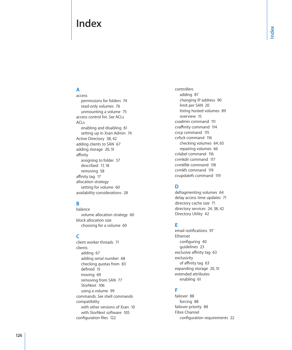 Index | Apple Xsan 2 (Third Edition) User Manual | Page 126 / 129