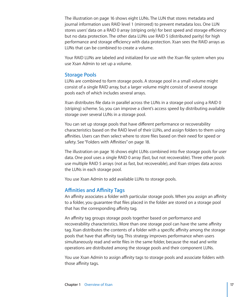 Storage pools, Affinities and affinity tags | Apple Xsan 2 (Third Edition) User Manual | Page 17 / 129
