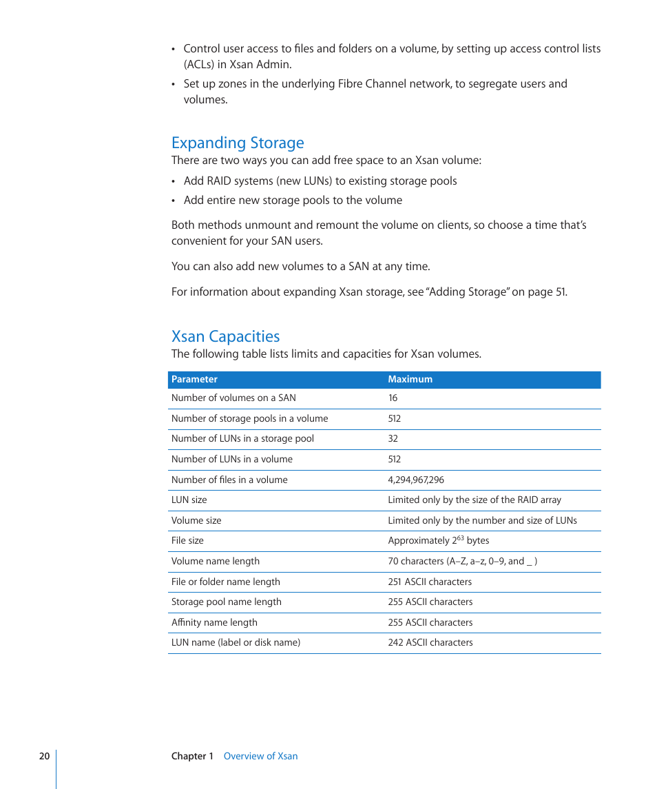 Expanding storage, Xsan capacities, 20 expanding storage 20 xsan capacities | Apple Xsan 2 (Third Edition) User Manual | Page 20 / 129