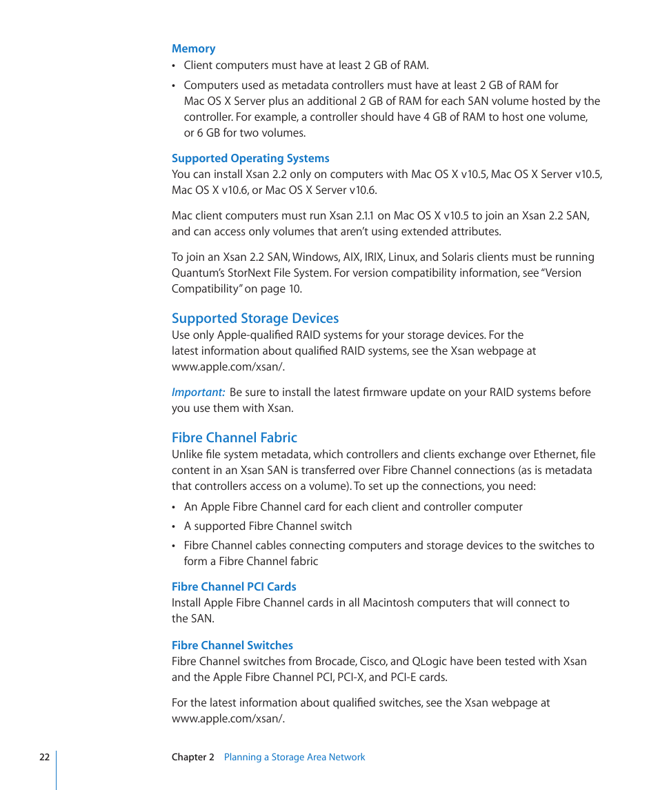 Supported storage devices, Fibre channel fabric | Apple Xsan 2 (Third Edition) User Manual | Page 22 / 129