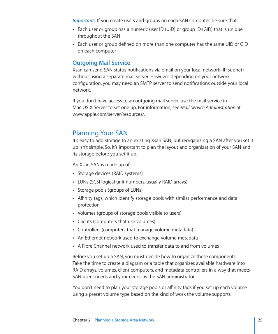 Outgoing mail service, Planning your san, 25 planning your san | Apple Xsan 2 (Third Edition) User Manual | Page 25 / 129