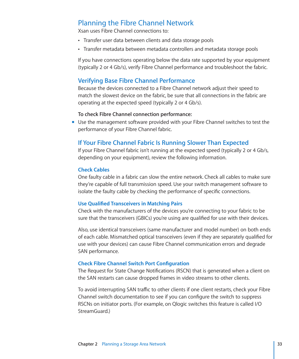Planning the fibre channel network, Verifying base fibre channel performance, 33 planning the fibre channel network 33 | Apple Xsan 2 (Third Edition) User Manual | Page 33 / 129