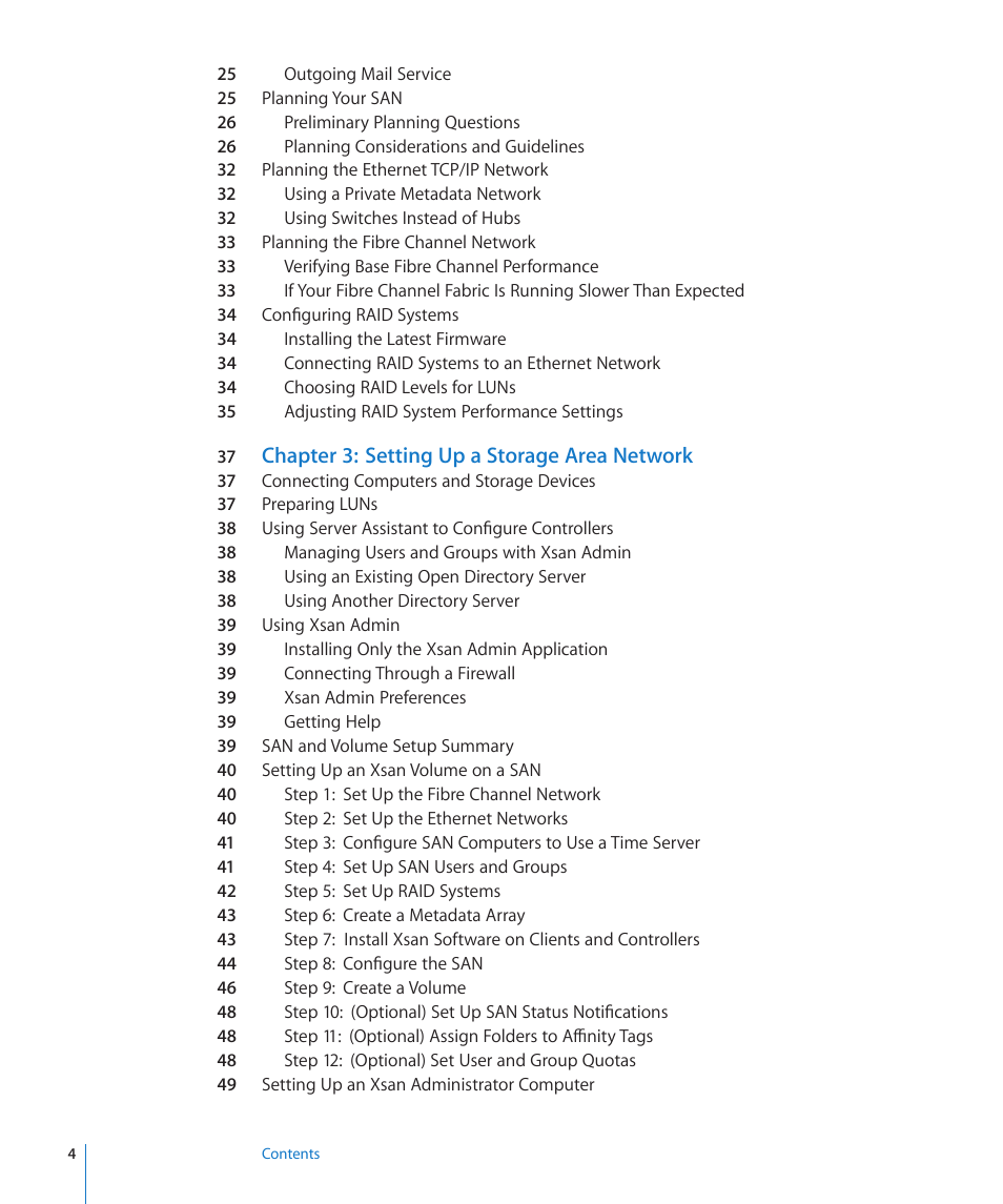 Chapter 3: setting up a storage area network | Apple Xsan 2 (Third Edition) User Manual | Page 4 / 129