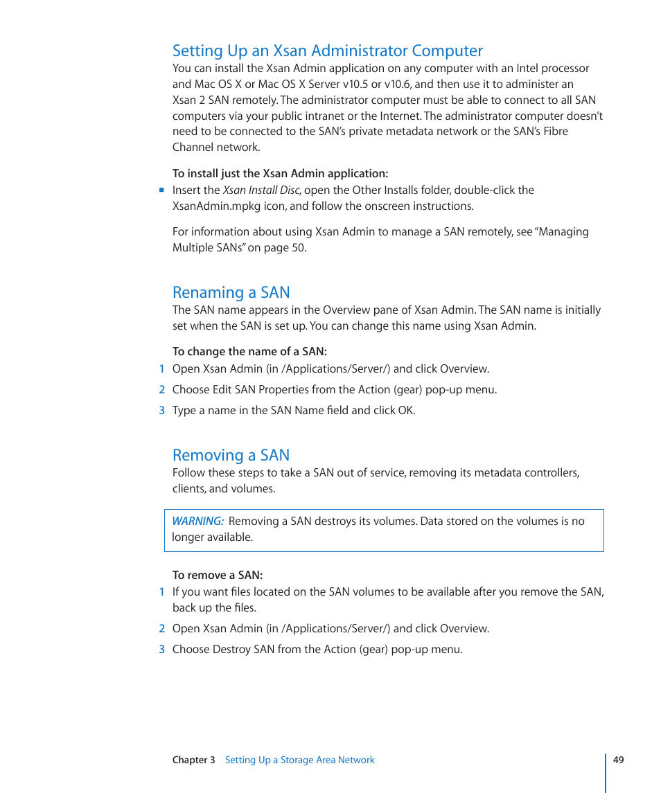 Setting up an xsan administrator computer, Renaming a san, Removing a san | 49 setting up an xsan administrator computer, 49 renaming a san 49 removing a san | Apple Xsan 2 (Third Edition) User Manual | Page 49 / 129