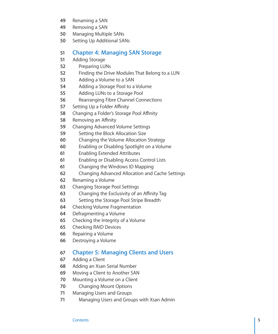 Chapter 4: managing san storage, Chapter 5: managing clients and users | Apple Xsan 2 (Third Edition) User Manual | Page 5 / 129