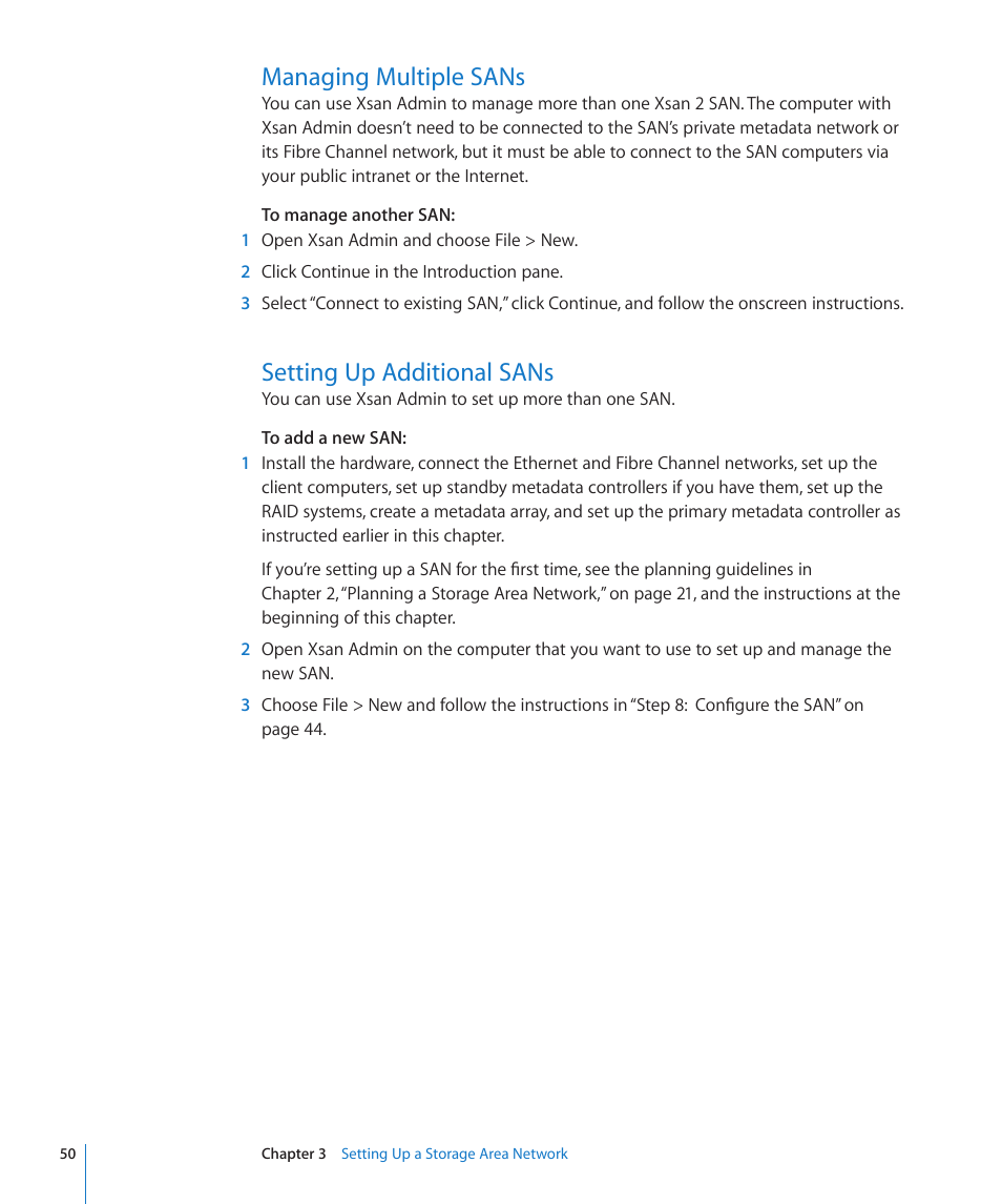 Managing multiple sans, Setting up additional sans | Apple Xsan 2 (Third Edition) User Manual | Page 50 / 129