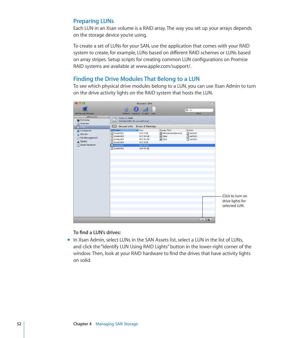 Preparing luns, Finding the drive modules that belong to a lun | Apple Xsan 2 (Third Edition) User Manual | Page 52 / 129