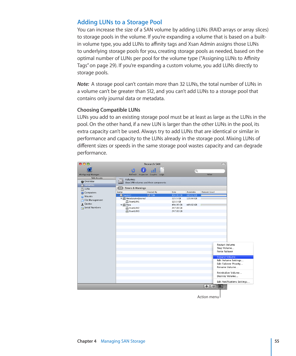 Adding luns to a storage pool | Apple Xsan 2 (Third Edition) User Manual | Page 55 / 129