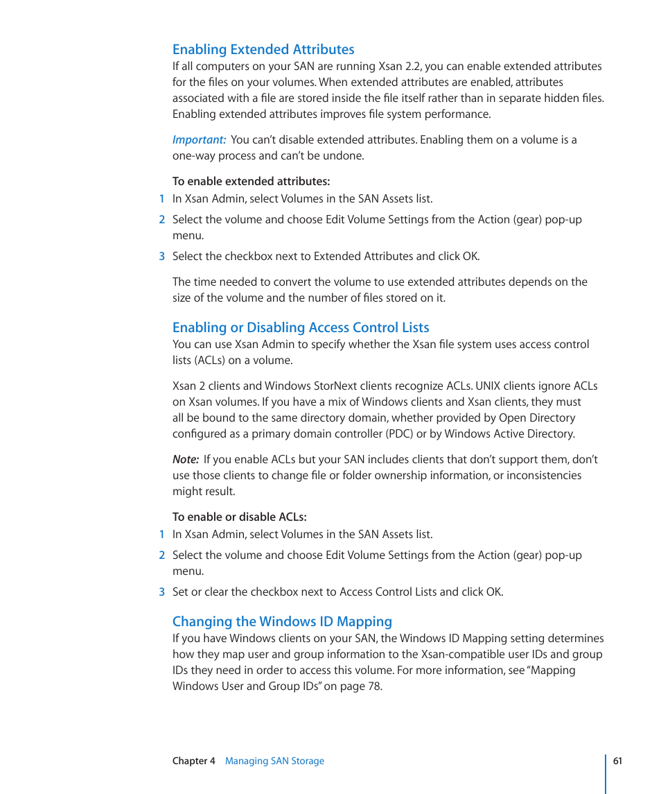 Enabling extended attributes, Enabling or disabling access control lists, Changing the windows id mapping | Apple Xsan 2 (Third Edition) User Manual | Page 61 / 129