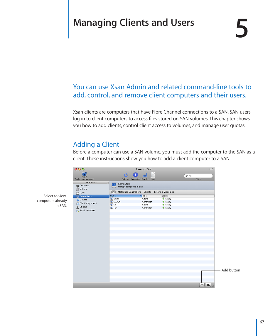 Chapter 5: managing clients and users, Adding a client, Chapter 5: managing clients and users | 67 adding a client, Managing clients and users | Apple Xsan 2 (Third Edition) User Manual | Page 67 / 129