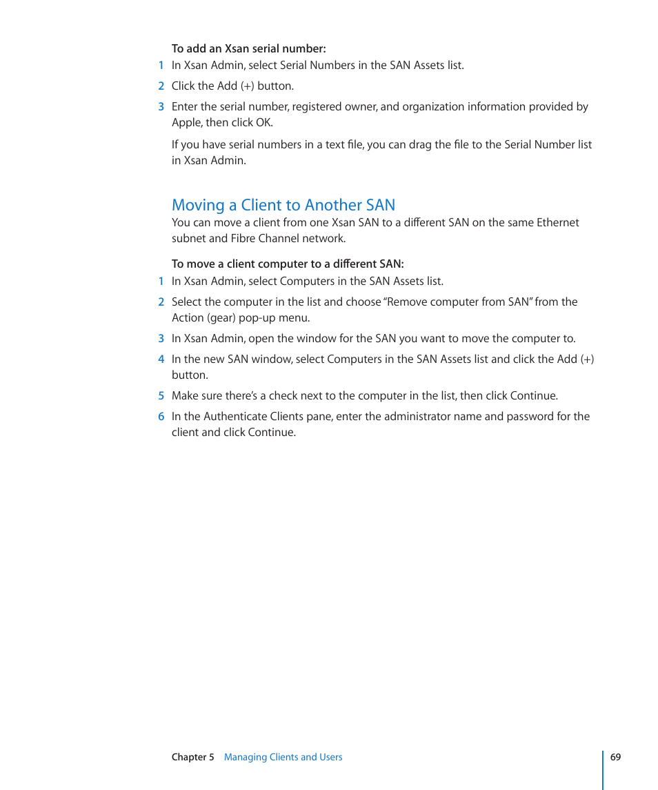 Moving a client to another san, 69 moving a client to another san | Apple Xsan 2 (Third Edition) User Manual | Page 69 / 129