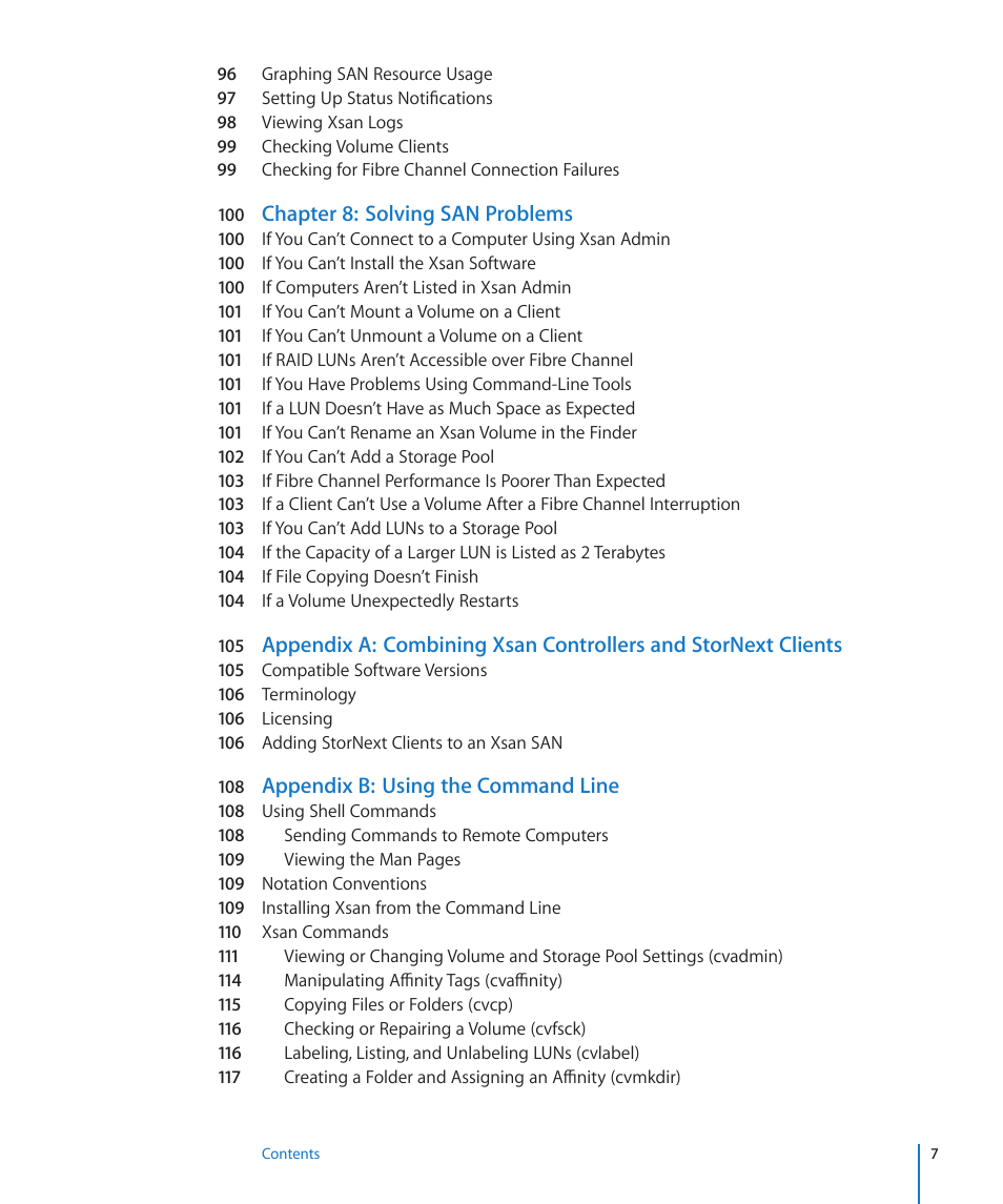 Chapter 8: solving san problems, Appendix b: using the command line | Apple Xsan 2 (Third Edition) User Manual | Page 7 / 129