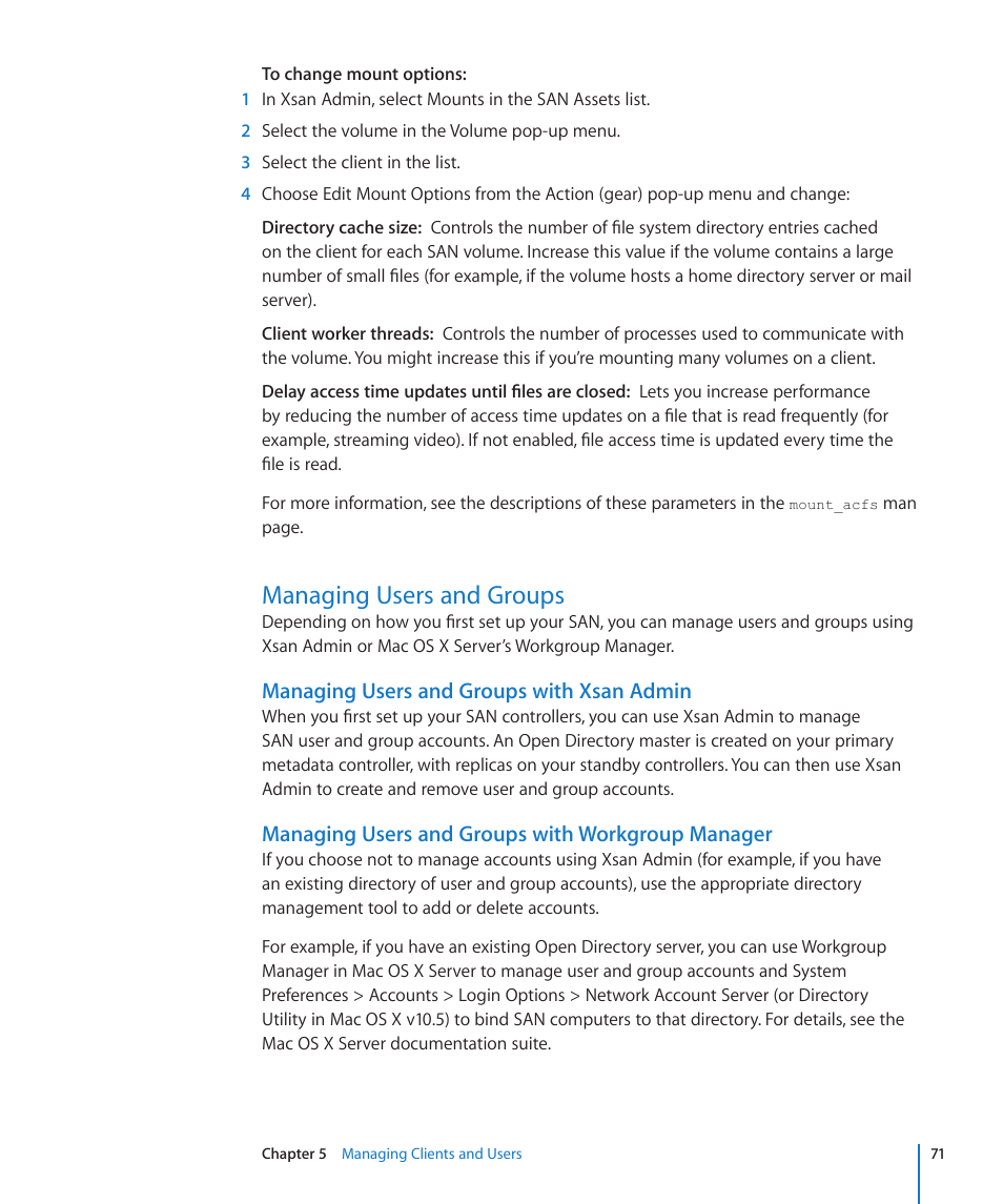 Managing users and groups, Managing users and groups with xsan admin, Managing users and groups with workgroup manager | 71 managing users and groups 71 | Apple Xsan 2 (Third Edition) User Manual | Page 71 / 129