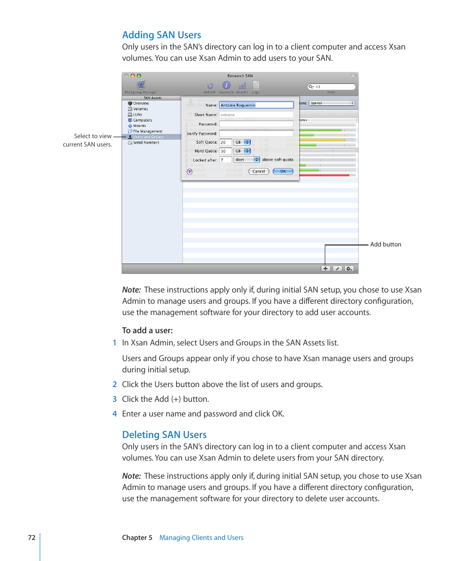 Adding san users, Deleting san users | Apple Xsan 2 (Third Edition) User Manual | Page 72 / 129