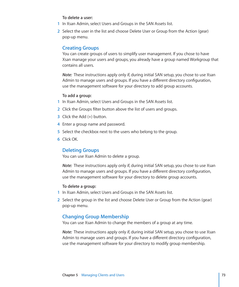 Creating groups, Deleting groups, Changing group membership | Apple Xsan 2 (Third Edition) User Manual | Page 73 / 129