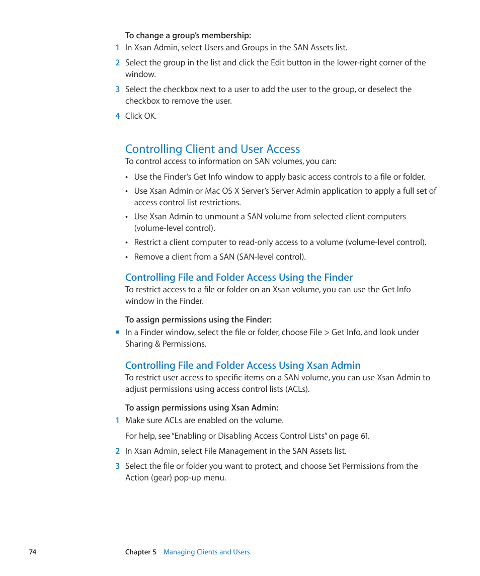 Controlling client and user access, 74 controlling client and user access 74 | Apple Xsan 2 (Third Edition) User Manual | Page 74 / 129