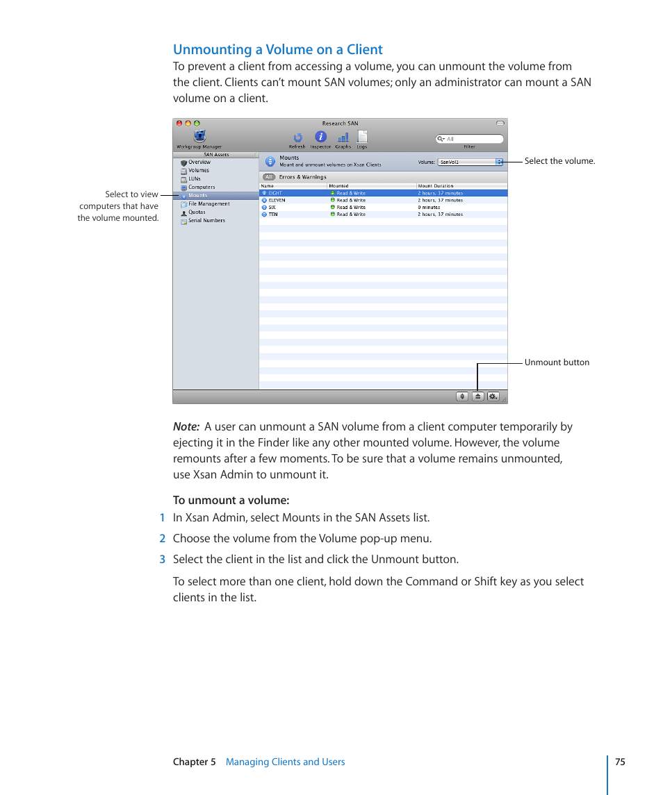 Unmounting a volume on a client | Apple Xsan 2 (Third Edition) User Manual | Page 75 / 129