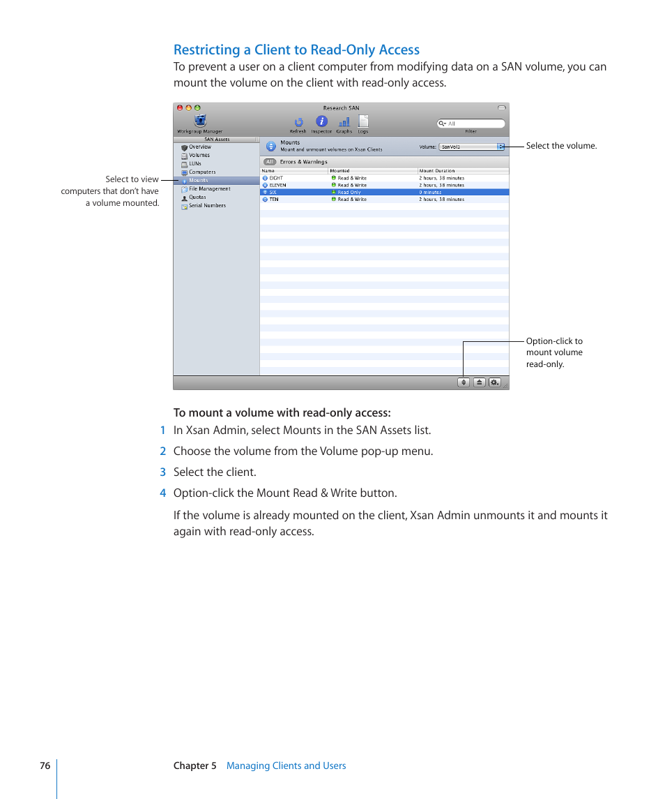 Restricting a client to read-only access | Apple Xsan 2 (Third Edition) User Manual | Page 76 / 129