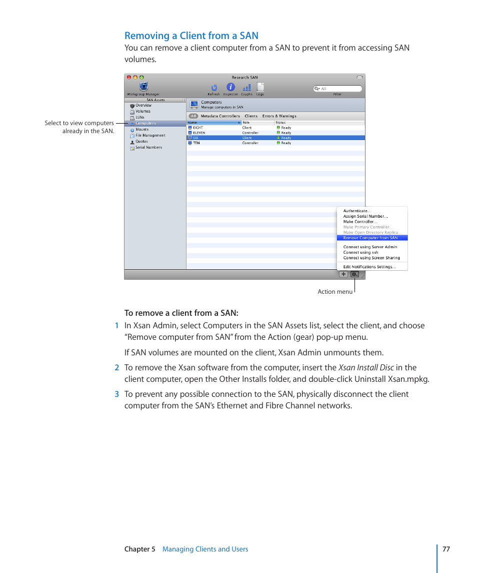 Removing a client from a san | Apple Xsan 2 (Third Edition) User Manual | Page 77 / 129