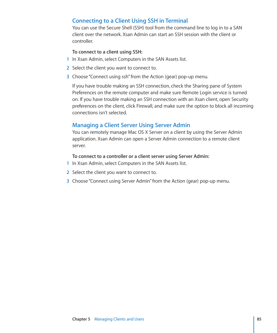 Connecting to a client using ssh in terminal, Managing a client server using server admin | Apple Xsan 2 (Third Edition) User Manual | Page 85 / 129