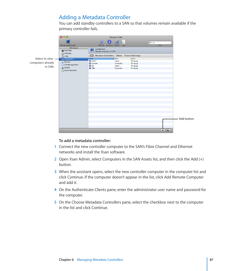 Adding a metadata controller, 87 adding a metadata controller | Apple Xsan 2 (Third Edition) User Manual | Page 87 / 129