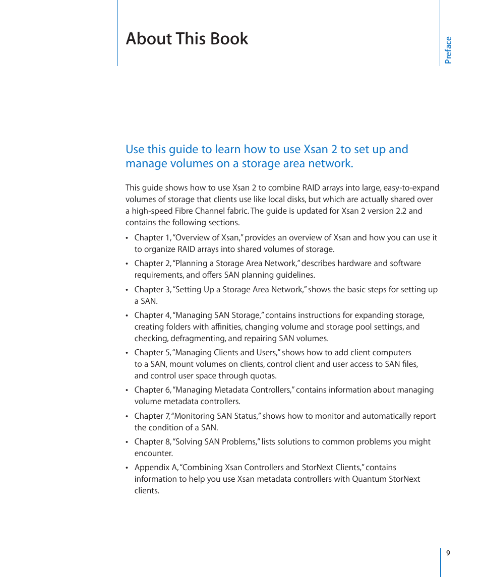 Preface: about this book, About this book | Apple Xsan 2 (Third Edition) User Manual | Page 9 / 129