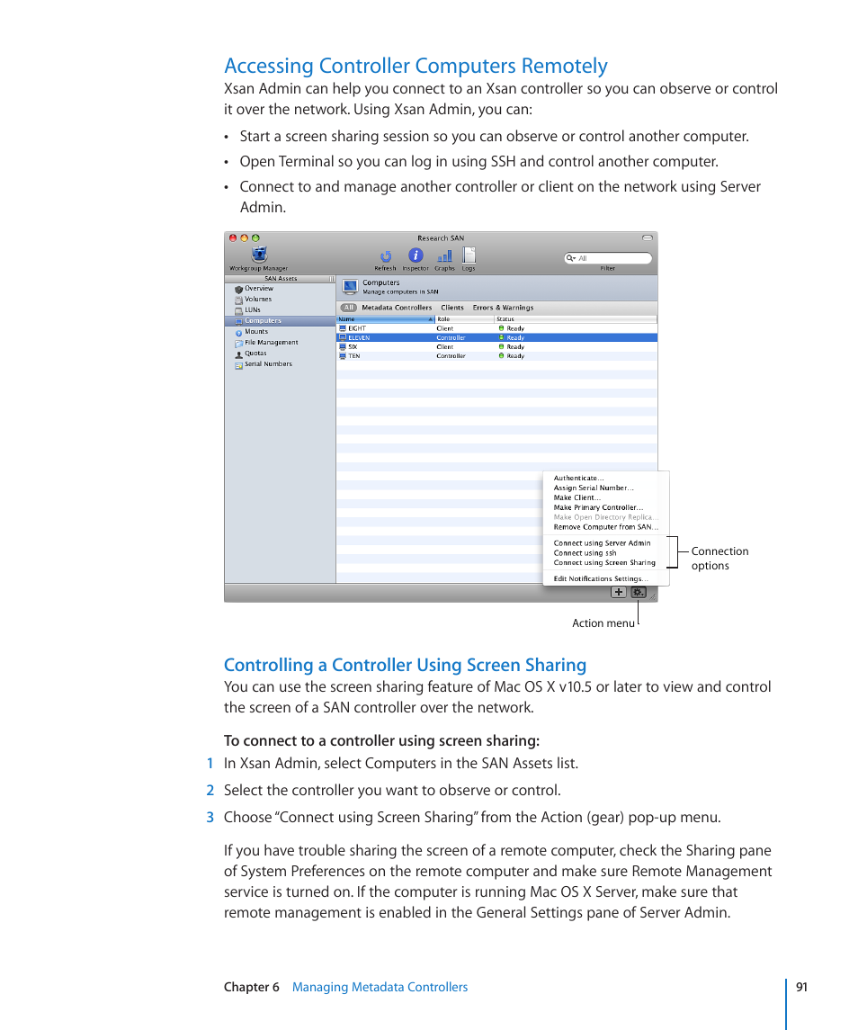 Accessing controller computers remotely, Controlling a controller using screen sharing, 91 accessing controller computers remotely 91 | Apple Xsan 2 (Third Edition) User Manual | Page 91 / 129