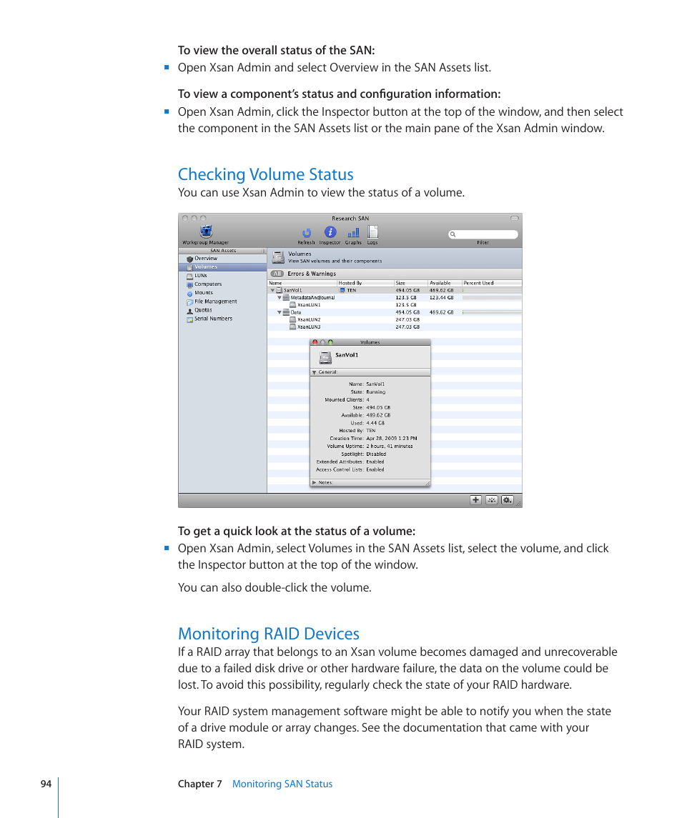 Checking volume status, Monitoring raid devices | Apple Xsan 2 (Third Edition) User Manual | Page 94 / 129