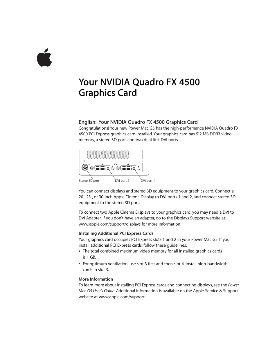 Apple NVIDIA Quadro FX 4500 Graphics Card User Manual | 16 pages