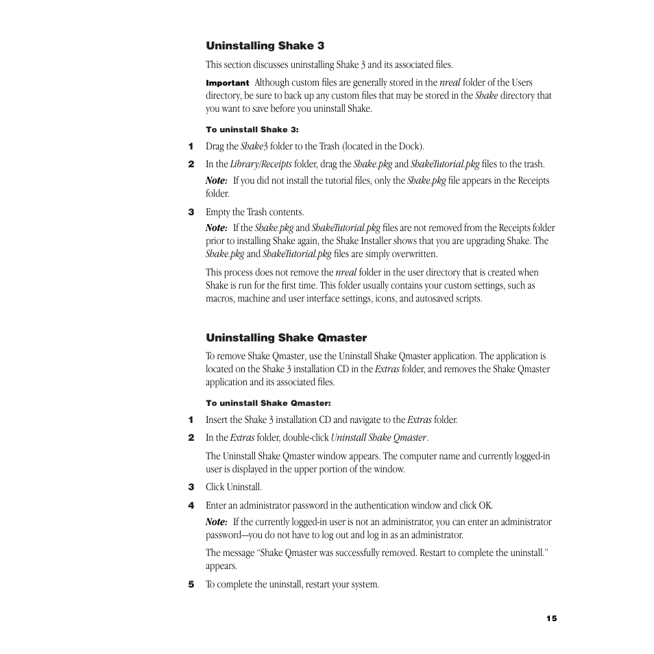 Uninstalling shake3, Uninstalling shake qmaster | Apple Shake 3.0 User Manual | Page 15 / 16