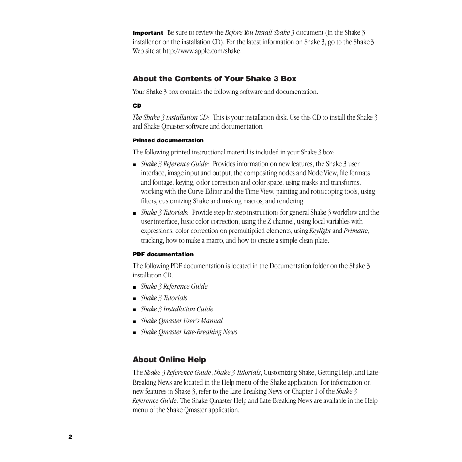 About the contents of your shake3 box, About online help | Apple Shake 3.0 User Manual | Page 2 / 16
