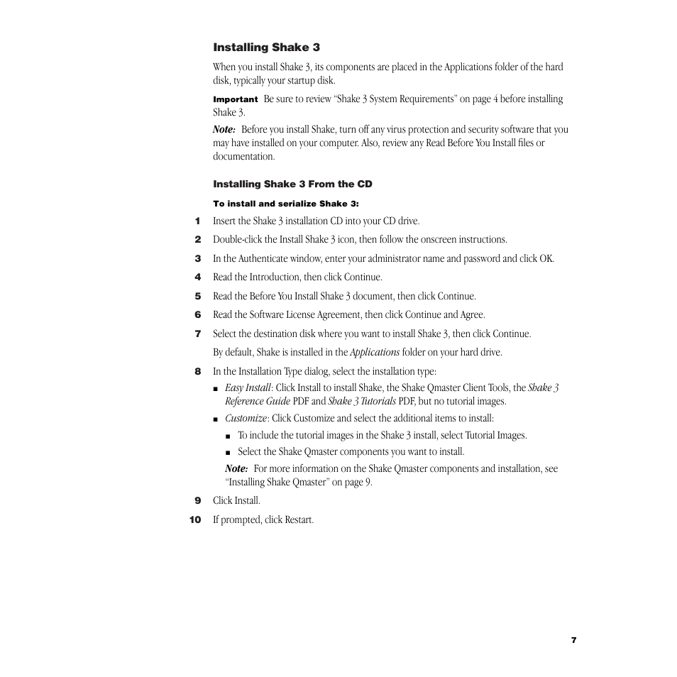 Installing shake3, Installing shake3 from the cd | Apple Shake 3.0 User Manual | Page 7 / 16