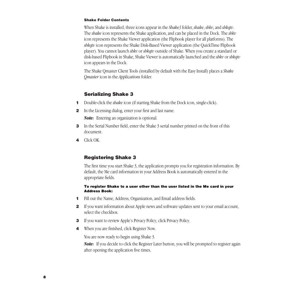 Serializing shake3, Registering shake3 | Apple Shake 3.0 User Manual | Page 8 / 16