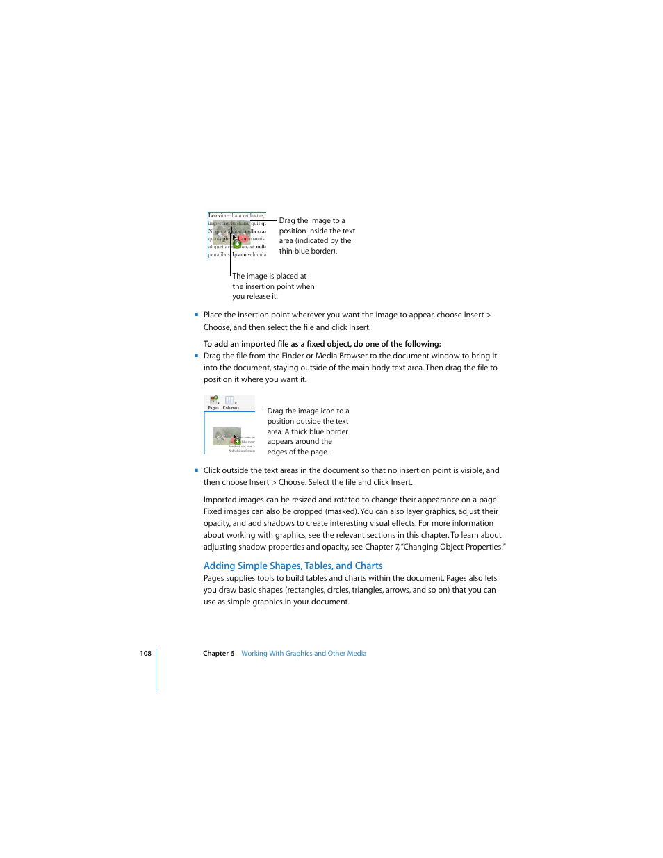 Adding simple shapes, tables, and charts, See “adding simple shapes | Apple Pages User Manual | Page 108 / 192