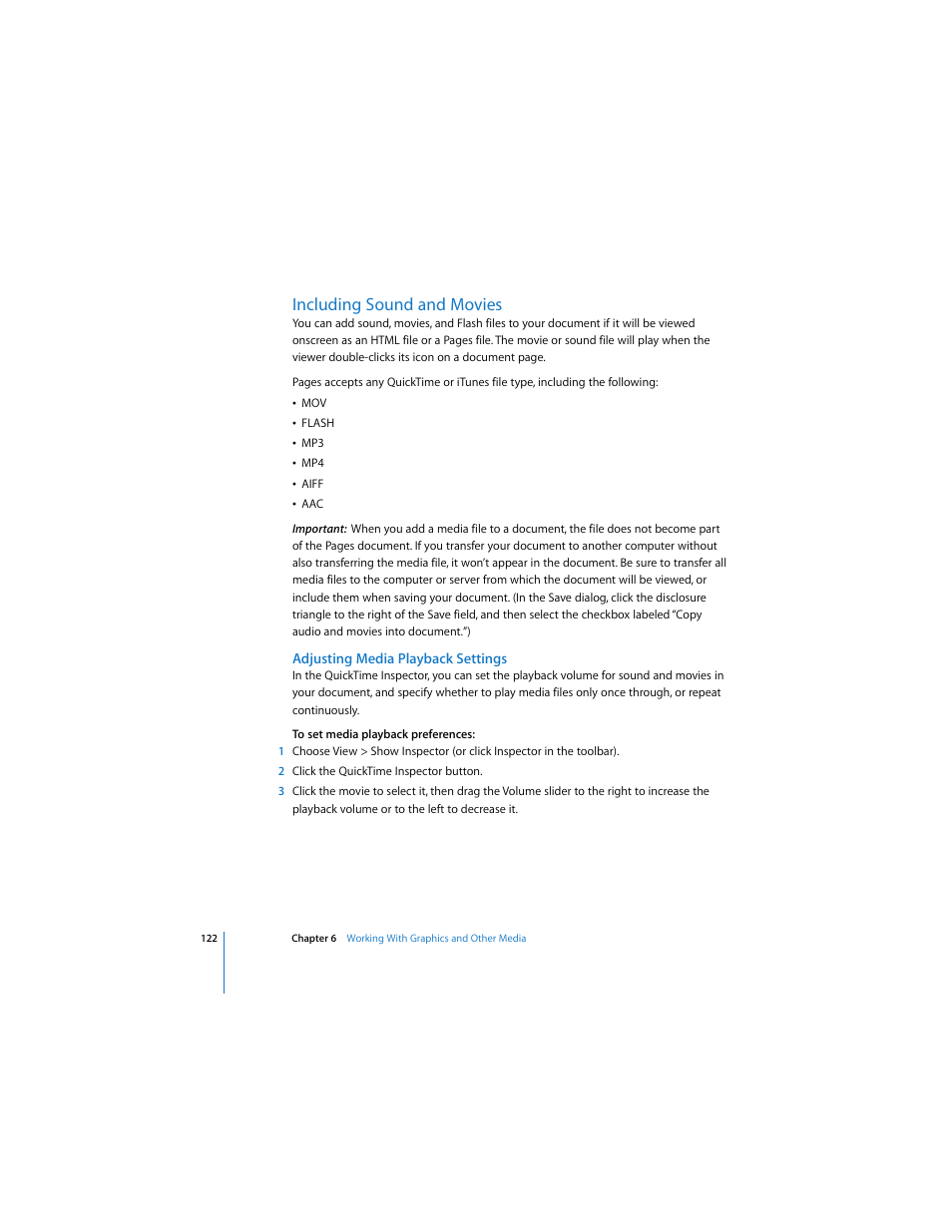 Including sound and movies, Adjusting media playback settings, Ee “including sound and | Apple Pages User Manual | Page 122 / 192