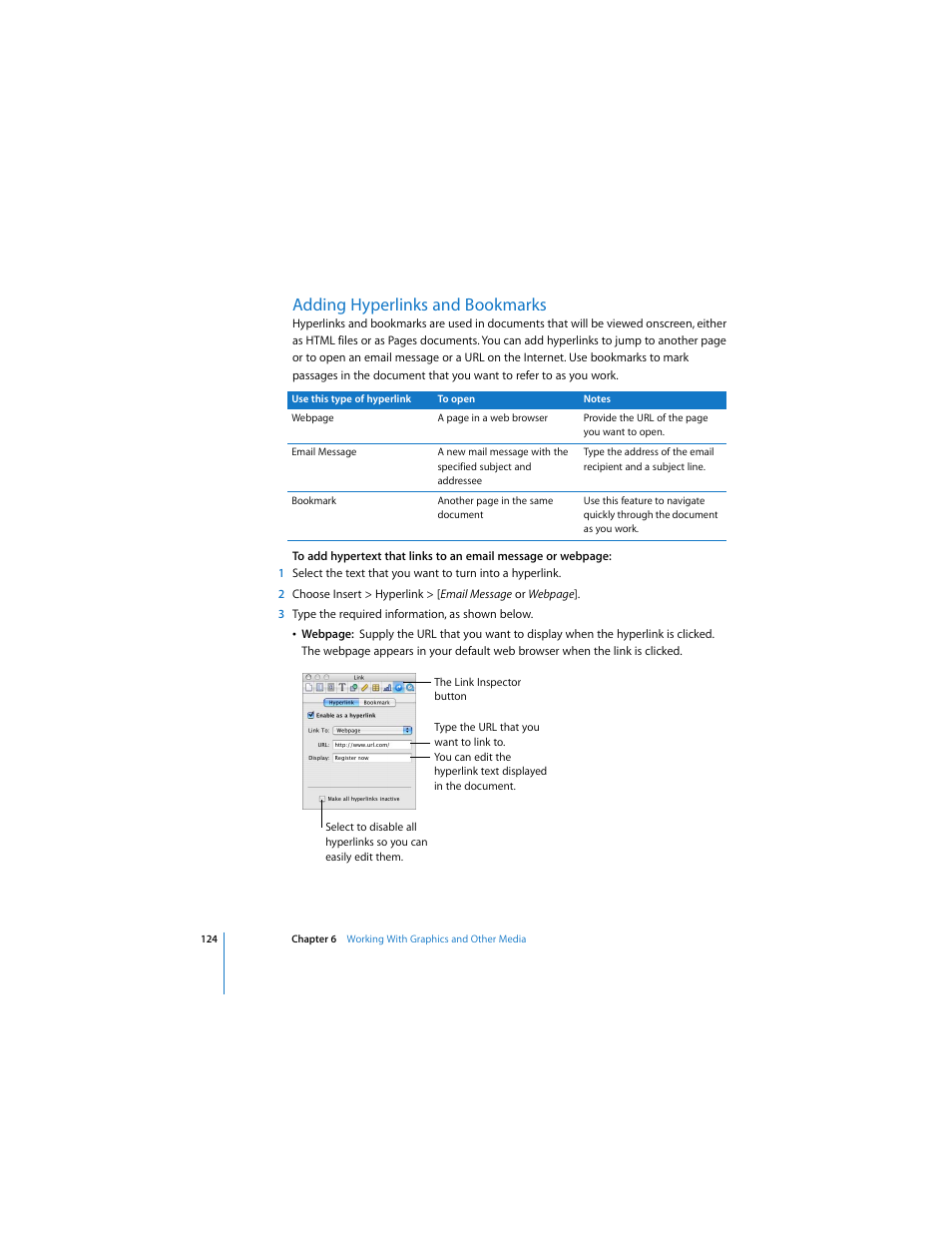 Adding hyperlinks and bookmarks | Apple Pages User Manual | Page 124 / 192