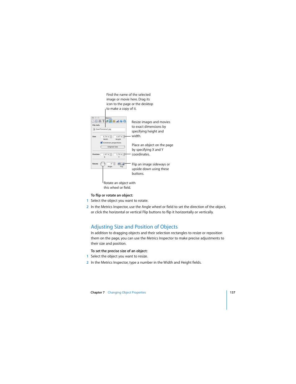 Adjusting size and position of objects | Apple Pages User Manual | Page 137 / 192