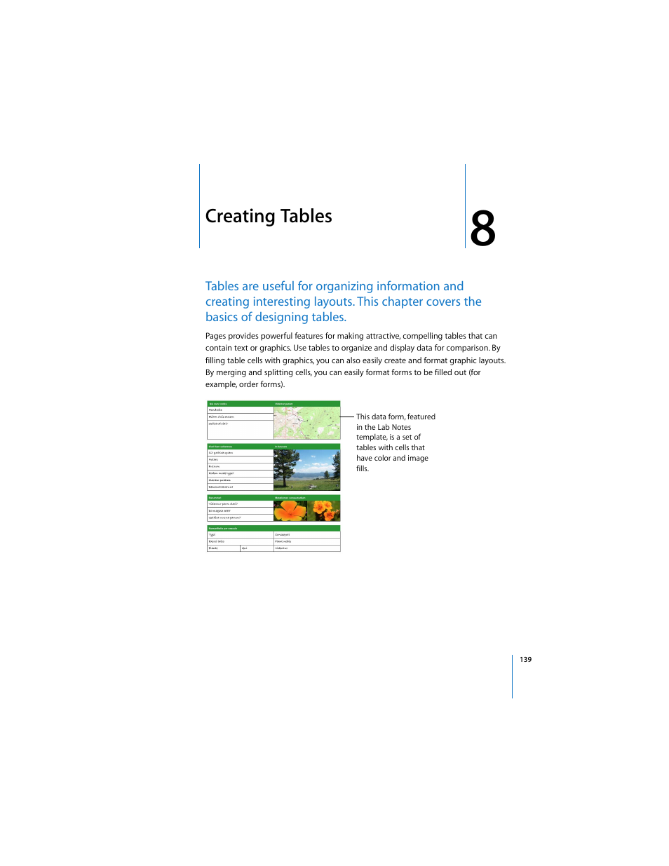 Creating tables, Ts in chapter 8, “creating tables, Ee chapter 8, “creating tables | Chapter 8, “creating tables | Apple Pages User Manual | Page 139 / 192