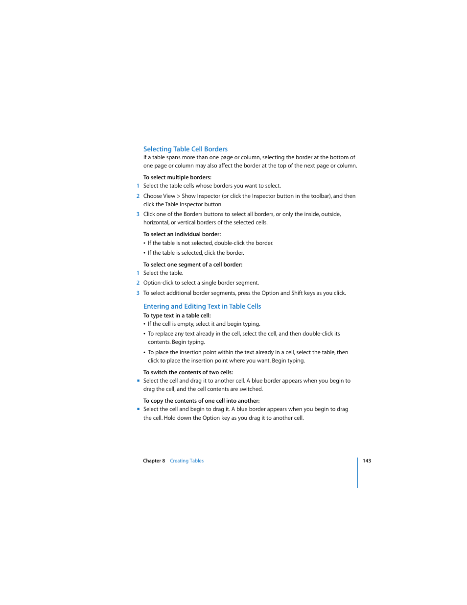 Selecting table cell borders, Entering and editing text in table cells | Apple Pages User Manual | Page 143 / 192