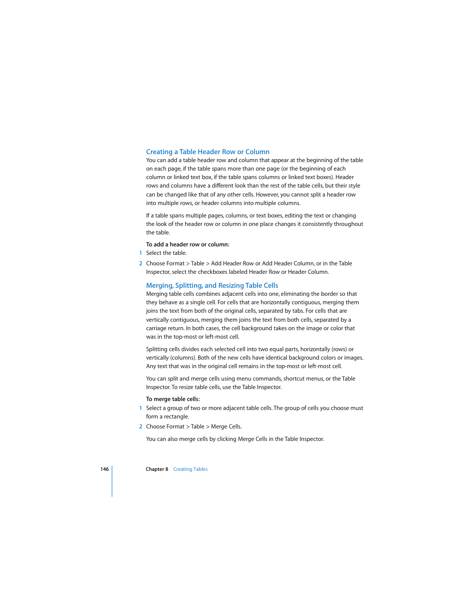 Creating a table header row or column, Merging, splitting, and resizing table cells | Apple Pages User Manual | Page 146 / 192