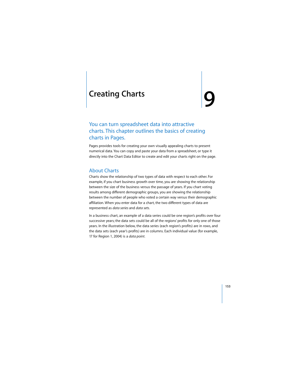 Creating charts, About charts, And chapter 9, “creating charts.” l | Ee chapter 9, “creating charts | Apple Pages User Manual | Page 153 / 192