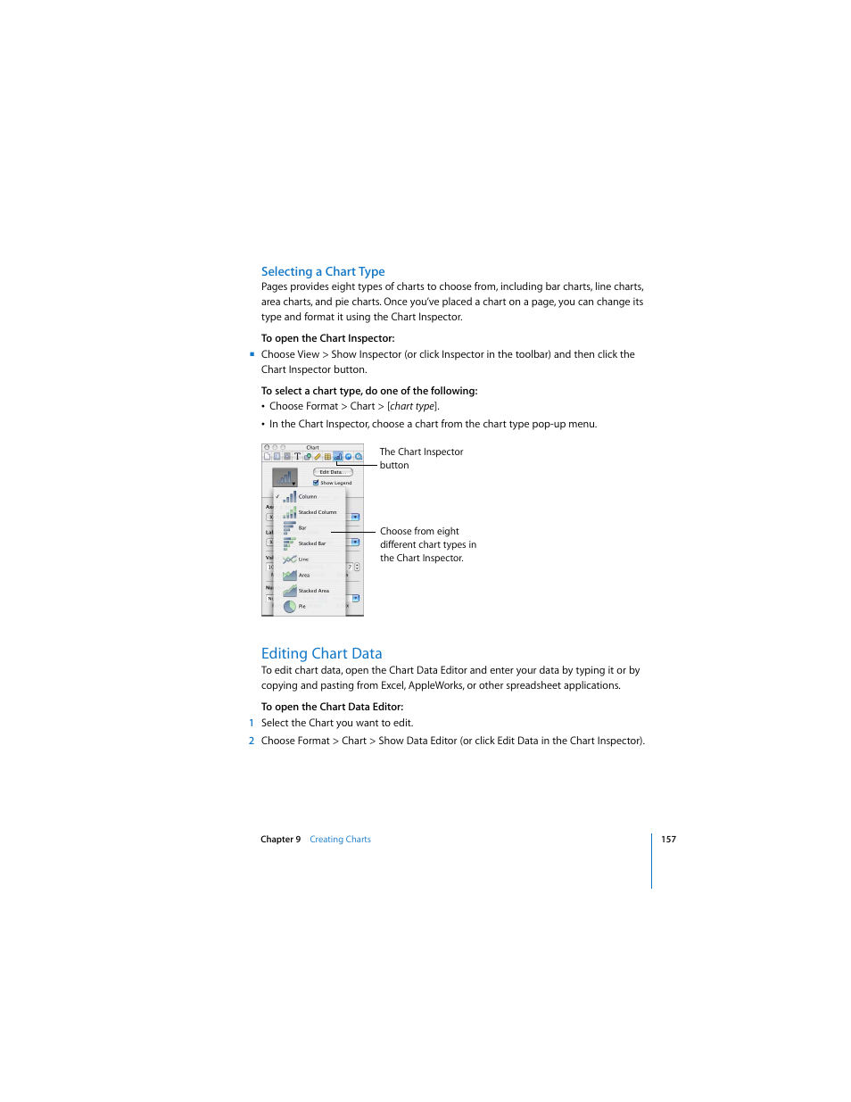Selecting a chart type, Editing chart data | Apple Pages User Manual | Page 157 / 192