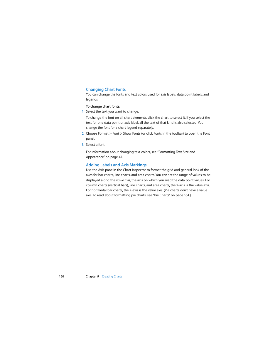 Changing chart fonts, Adding labels and axis markings | Apple Pages User Manual | Page 160 / 192