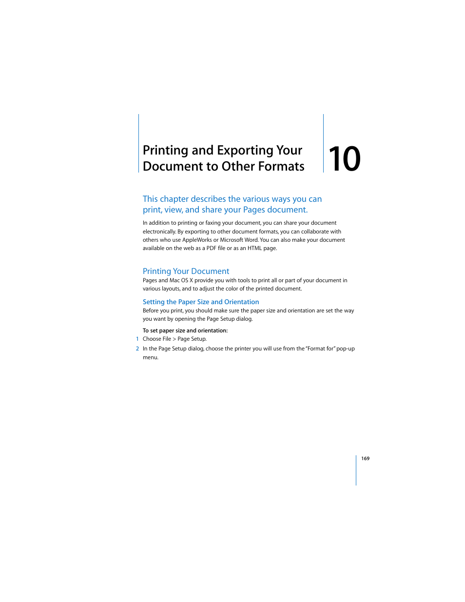 Printing your document, Setting the paper size and orientation | Apple Pages User Manual | Page 169 / 192