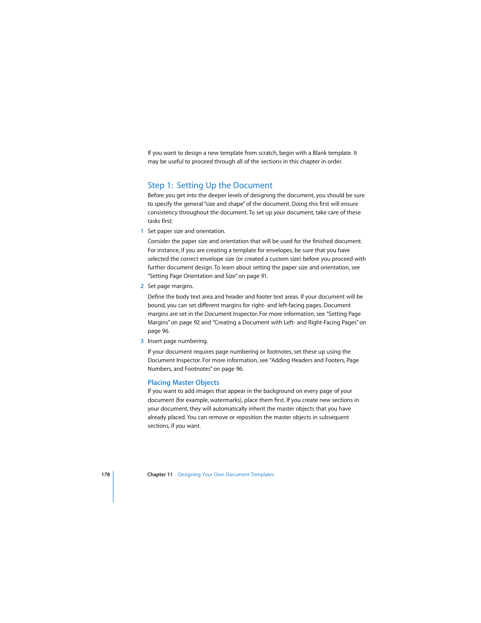 Step 1: setting up the document, Placing master objects, See “placing master objects” on | Apple Pages User Manual | Page 178 / 192
