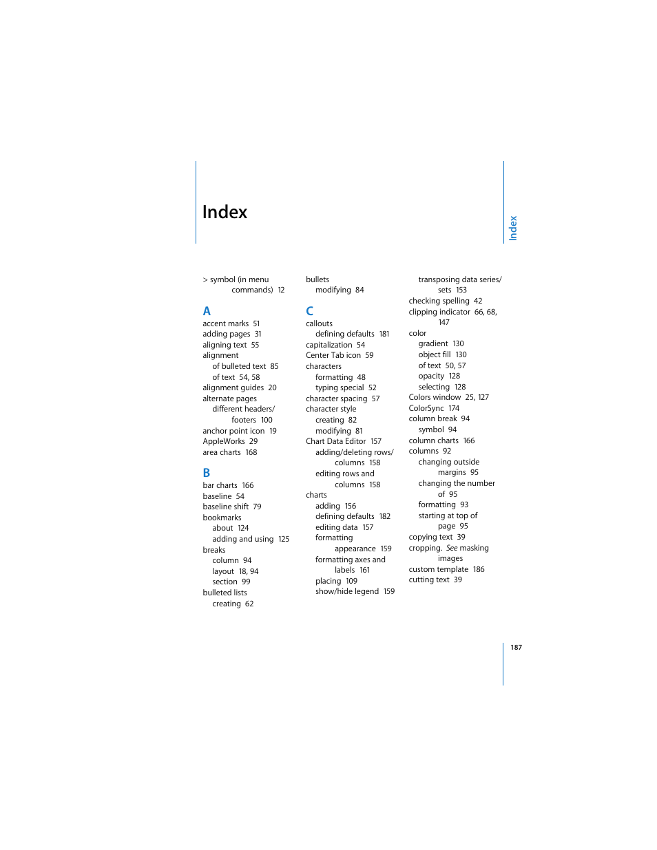 Index | Apple Pages User Manual | Page 187 / 192