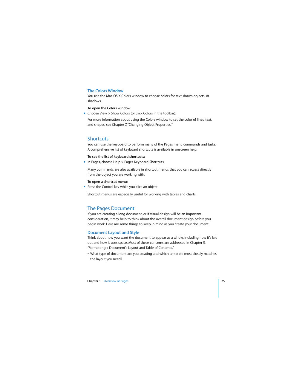 The colors window, Shortcuts, Document layout and style | The pages document | Apple Pages User Manual | Page 25 / 192