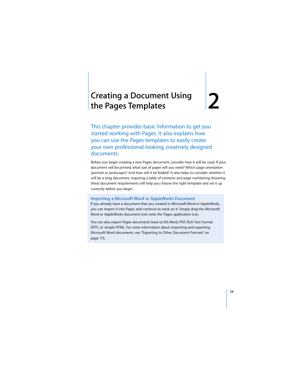 Importing a microsoft word or appleworks document, Creating a document using the pages templates | Apple Pages User Manual | Page 29 / 192