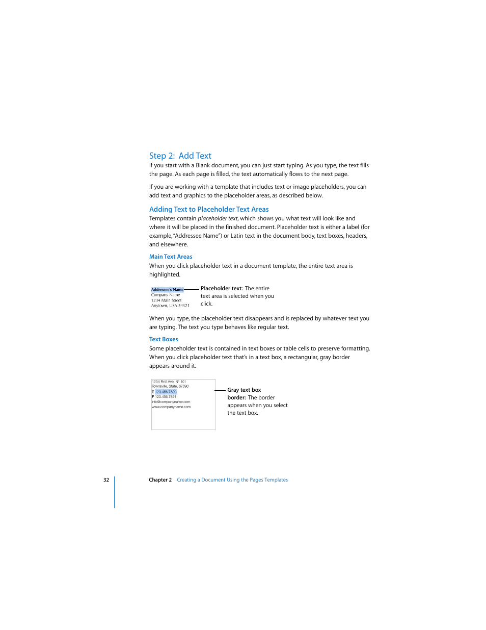 Step 2: add text, Adding text to placeholder text areas | Apple Pages User Manual | Page 32 / 192